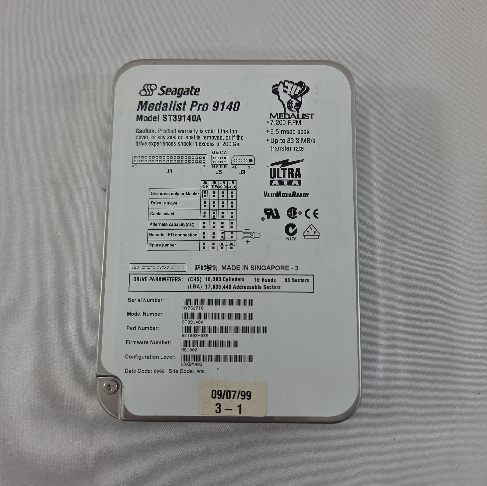 Seagate Medalist Pro 9140 ST39140A  8.93 GB 3.5" 7200 RPM IDE HDD Vintage 1999