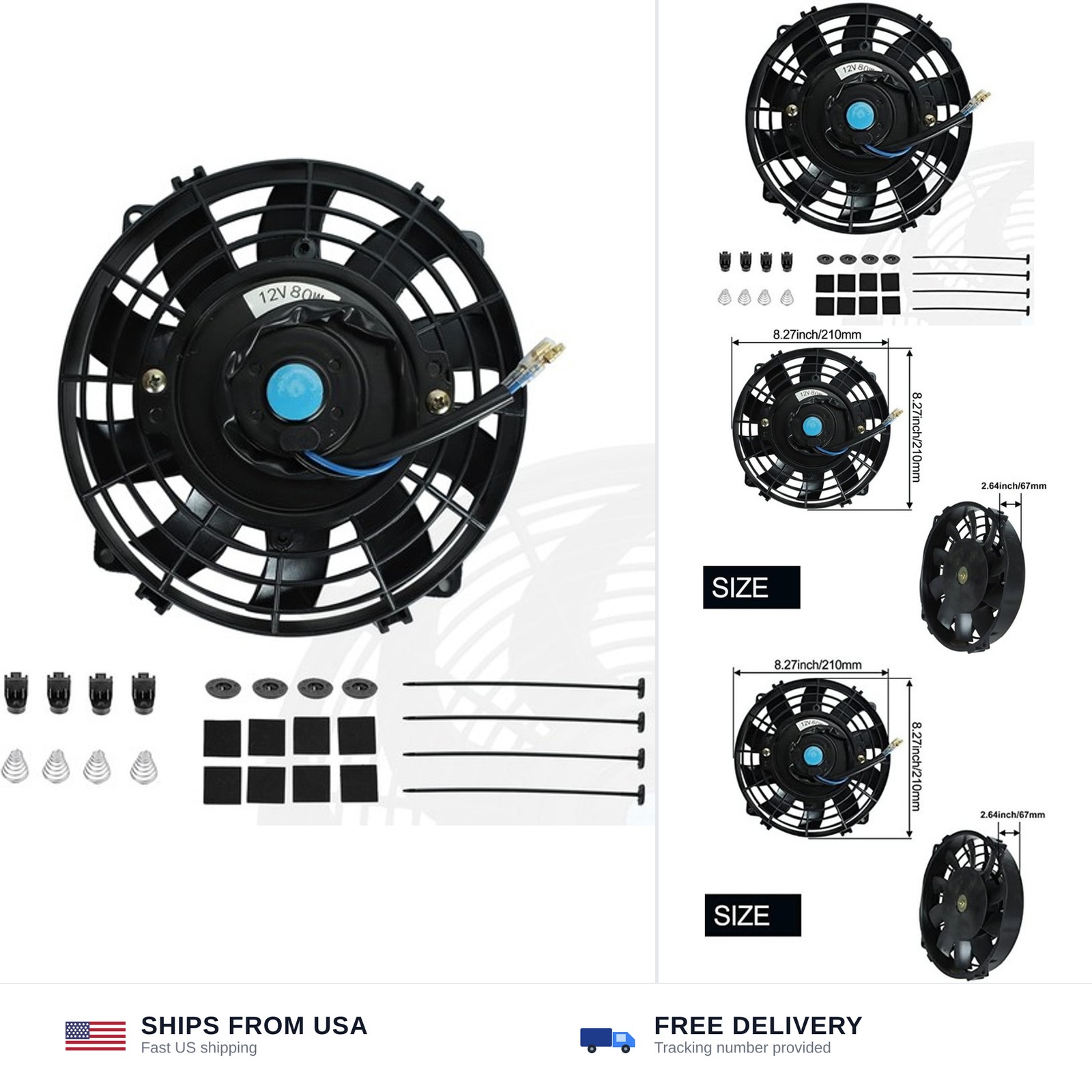 7" inch Universal Slim Fan Push Pull Electric Radiator Cooling 12V Mount Kit ...