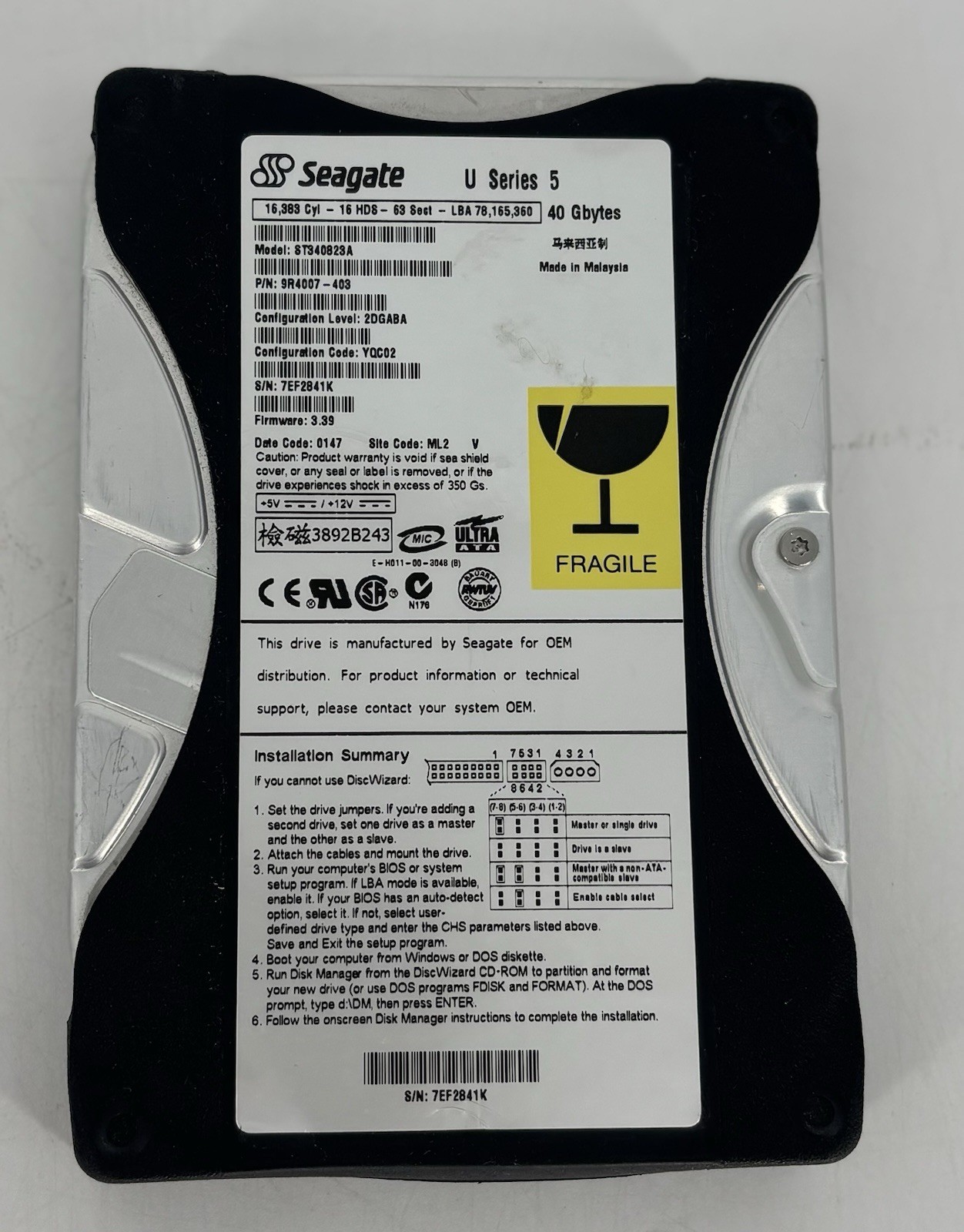 Seagate U Series 5 ST340823A 40GB 3.5” IDE PATA Hard Drive HDD - Untested