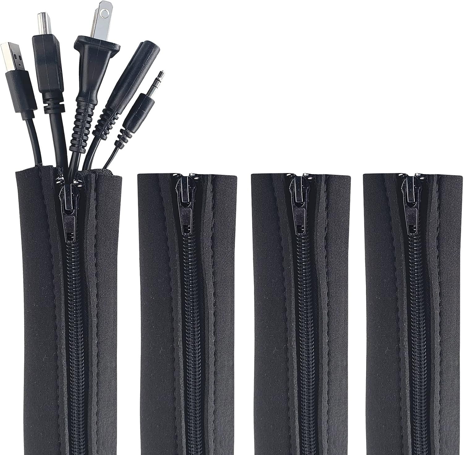 Zipper Cable Sleeve, Black, 24", 4-Pack
