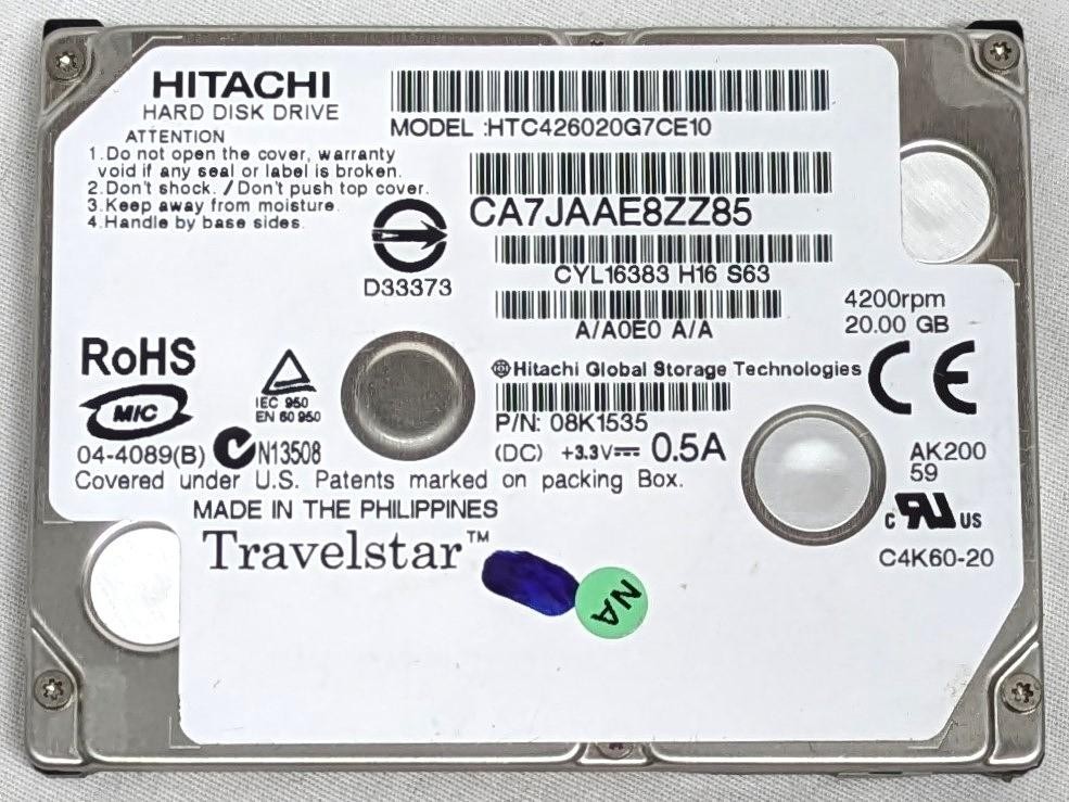 Hitachi Travelstar HTC426020G7CE10 20GB Hard Disk Drive 4200RPM HDD P/N: 08K1535