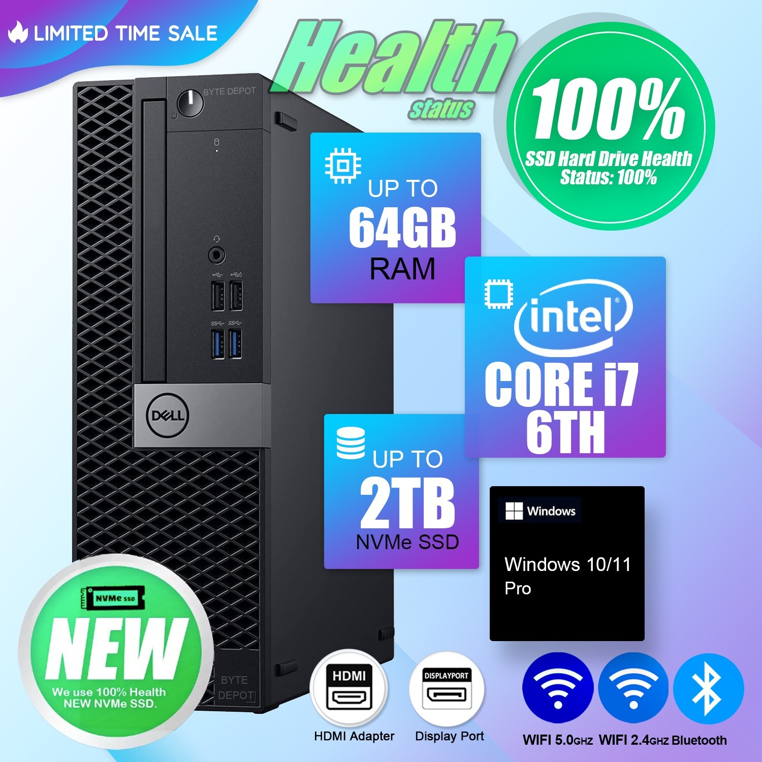 DELL Desktop Computer PC i7,Up to 64GB RAM, 2TB m.2 SSD,  Windows 11/10, WiFi