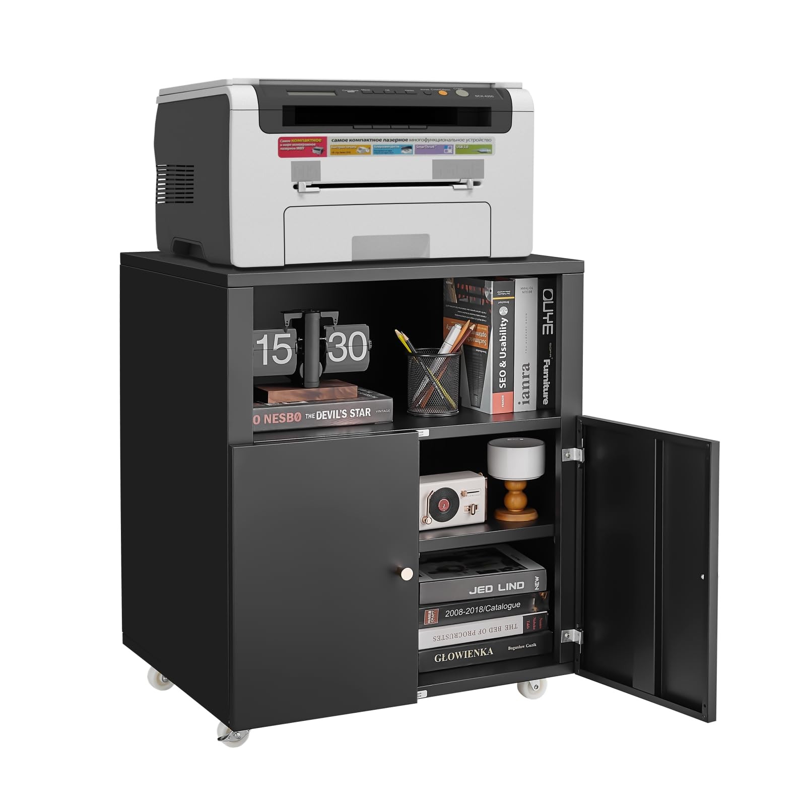 Heavy Duty Large Metal Printer Stand Cabinet with Storage, Black