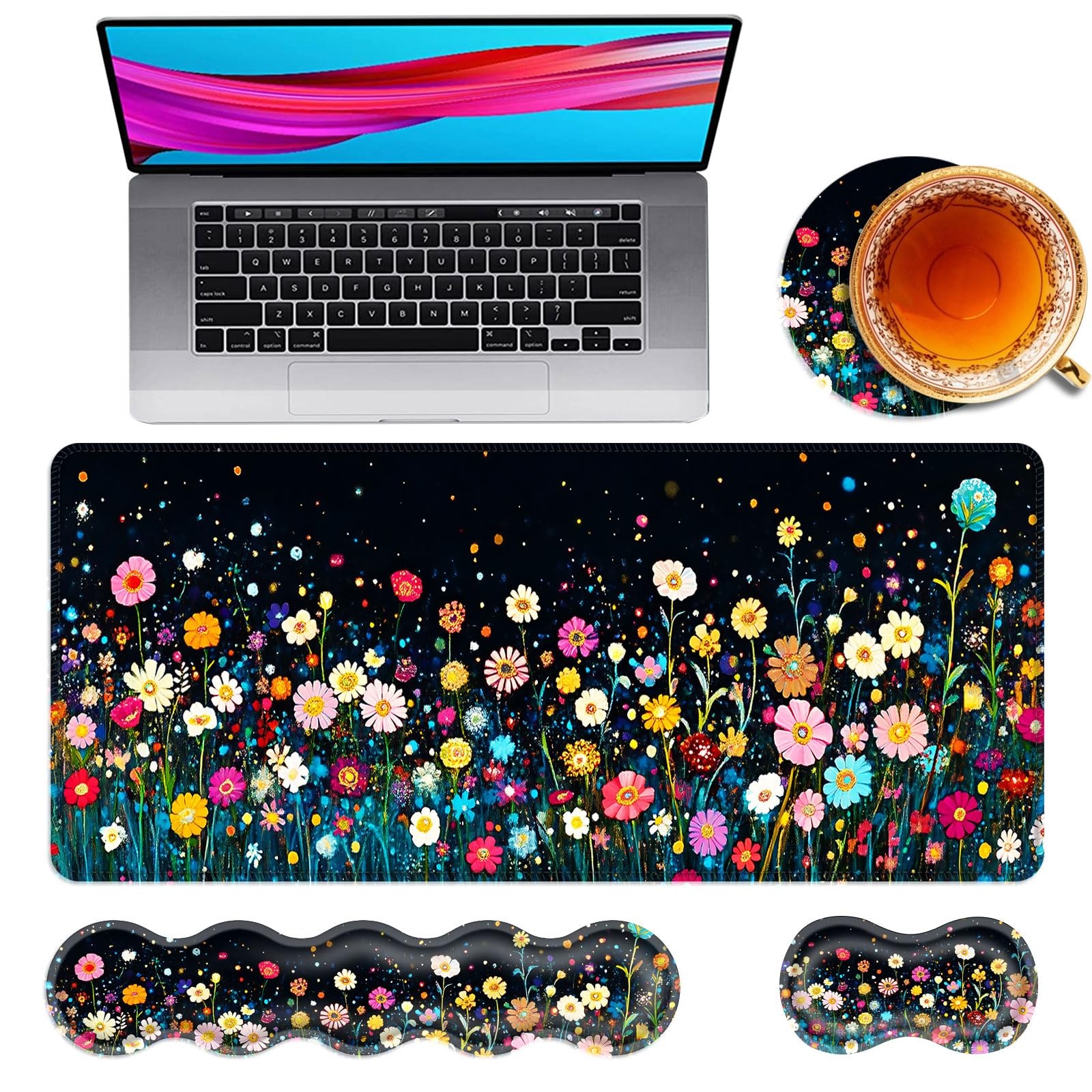 4in1 Colorful Flower Large Gaming Mouse Pad Keyboard Wrist Rest Desk Mat