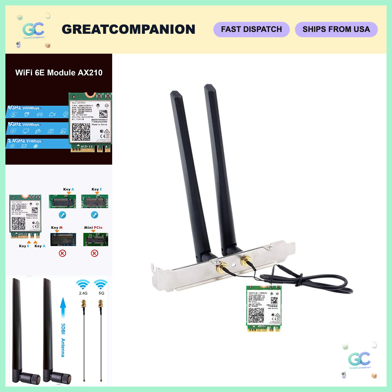 WiFi 6E Card 2230, 2x2 AX+BT 5.3, Tri-Band, 5dBi Antennas, RF Cable & Brackets