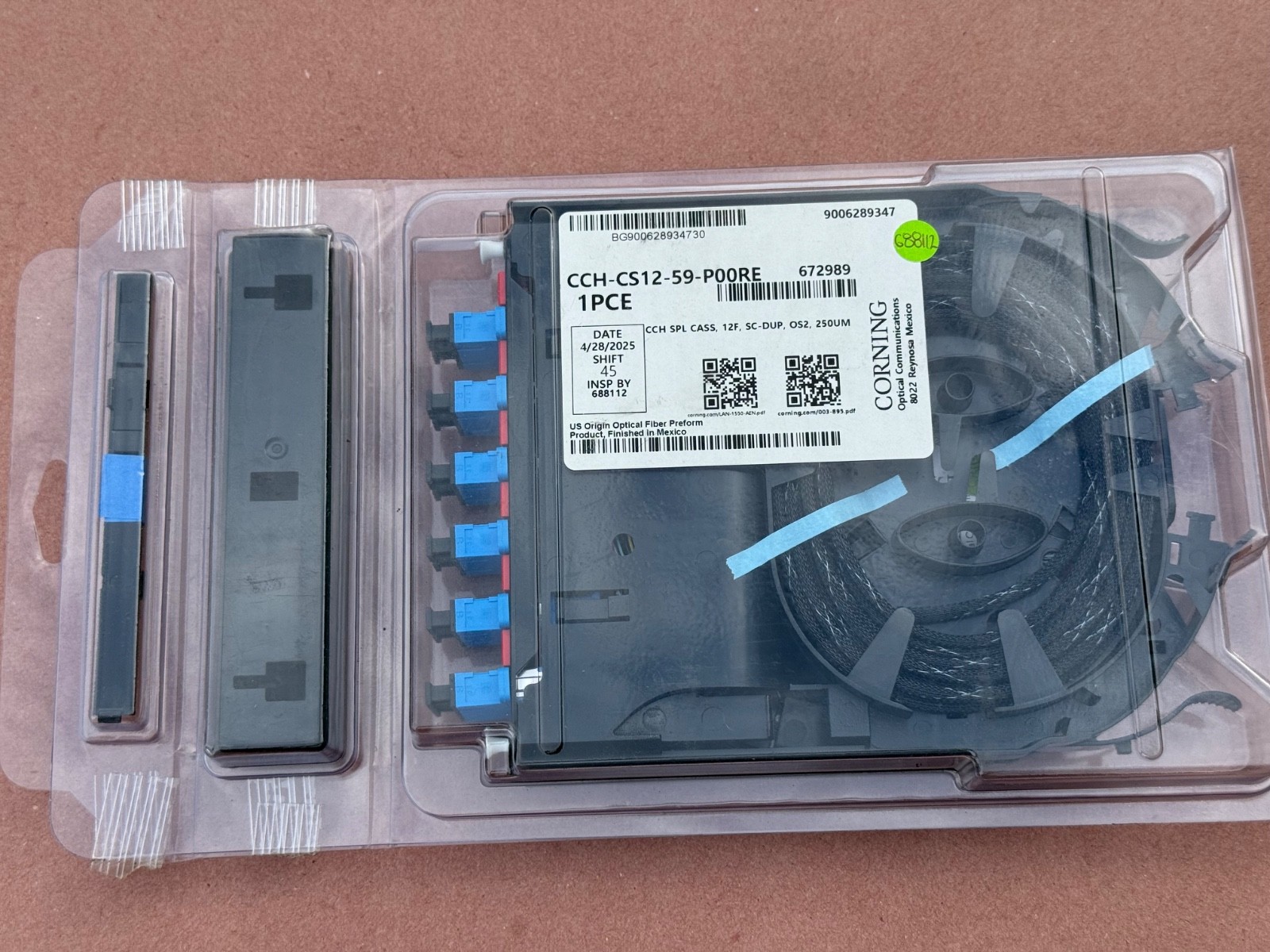 Corning CCH-CS12-59-P00RE, CCH Pigtail Splice Cassette SC UPC Duplex SM.
