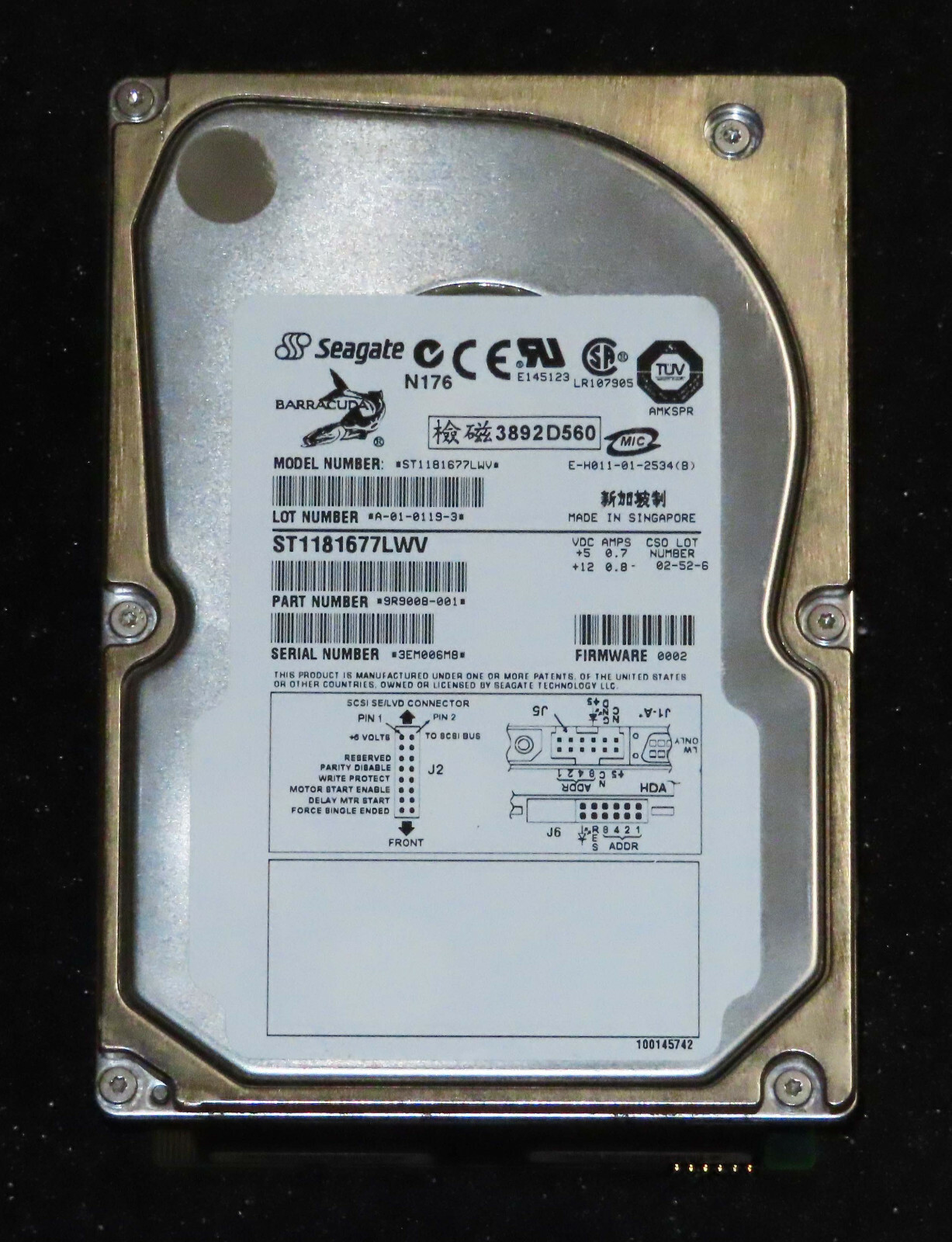 Seagate Barracuda ST1181677LWV Ultra160 180GB SCSI Hard Drive 68-pin Connector