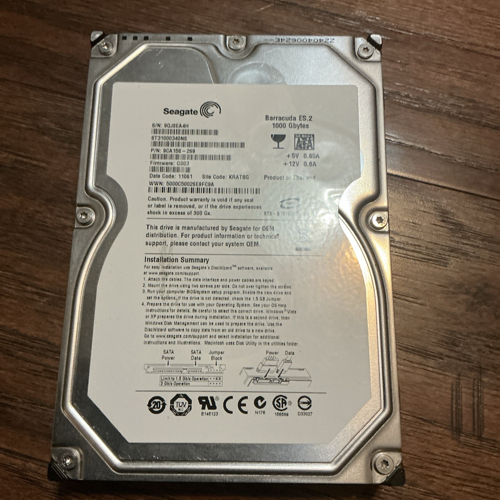 Hdd 1000gb barracuda es.2, st31000340ns, 9ca158-269, fw:sn06