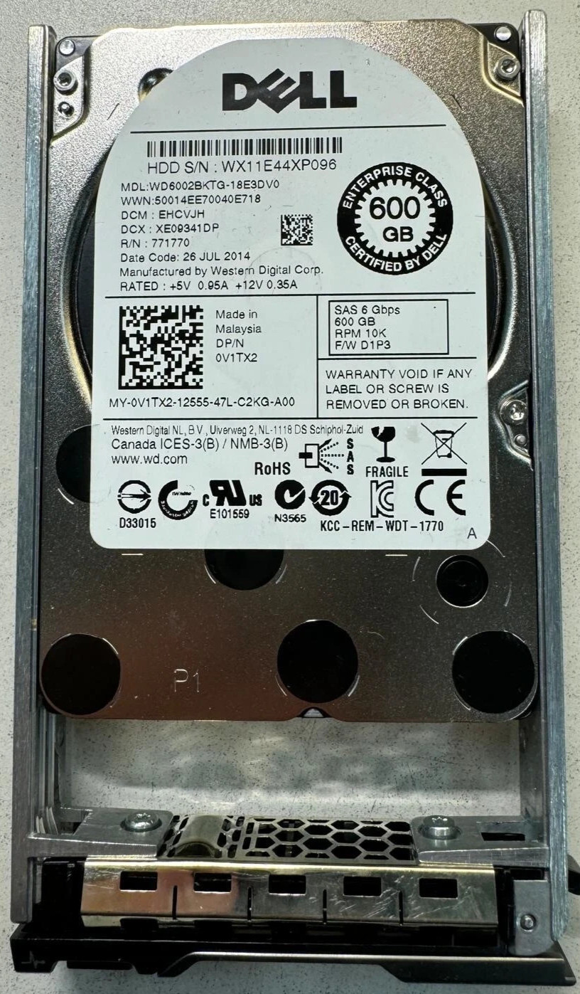 Dell 600GB 10K 2.5" SAS 6Gb/s Enterprise Server HDD + Tray V1TX2 0V1TX2