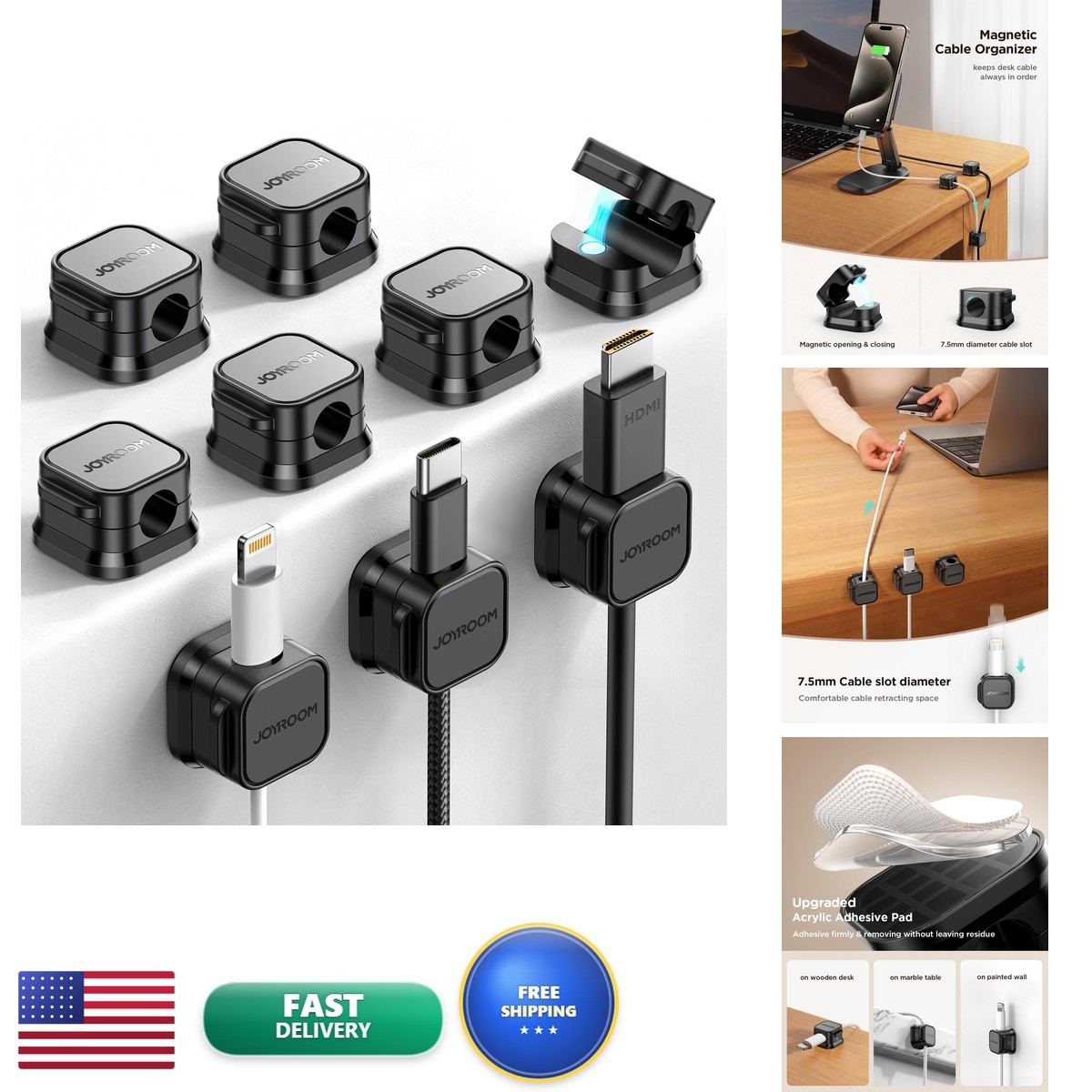 JOYROOM 9 Pack Magnetic Cable Clips Cord Organizer Adhesive Wire Management