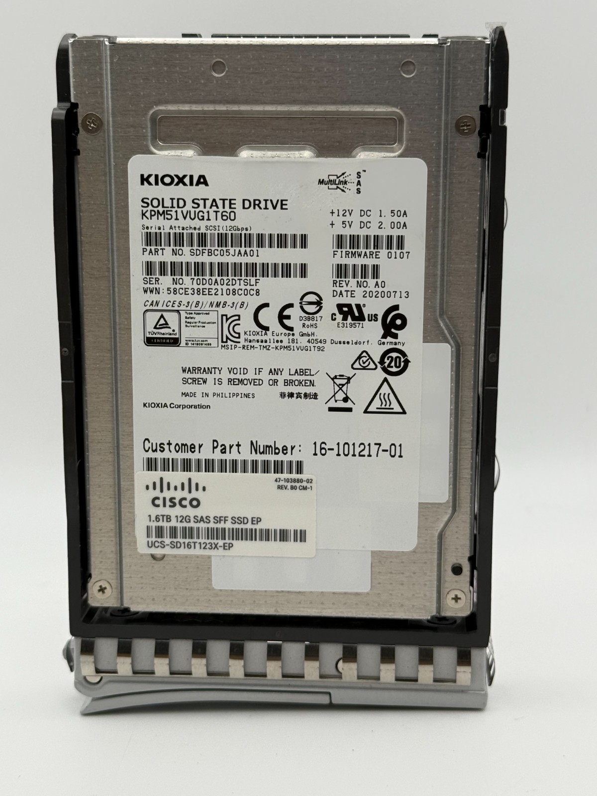 Cisco UCS-SD16T123X-EP 1.6TB 12G SAS 2.5" SSD Kioxia KPM51VUG1T60 w/ Caddy