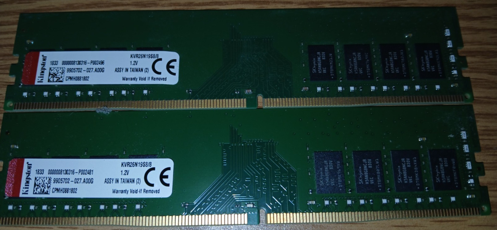 Lot of 2 Kingston 8GB 1Rx8 1G x 64-Bit PC4-2666 CL19 288-Pin DIMM (KVR26N19S8/8)