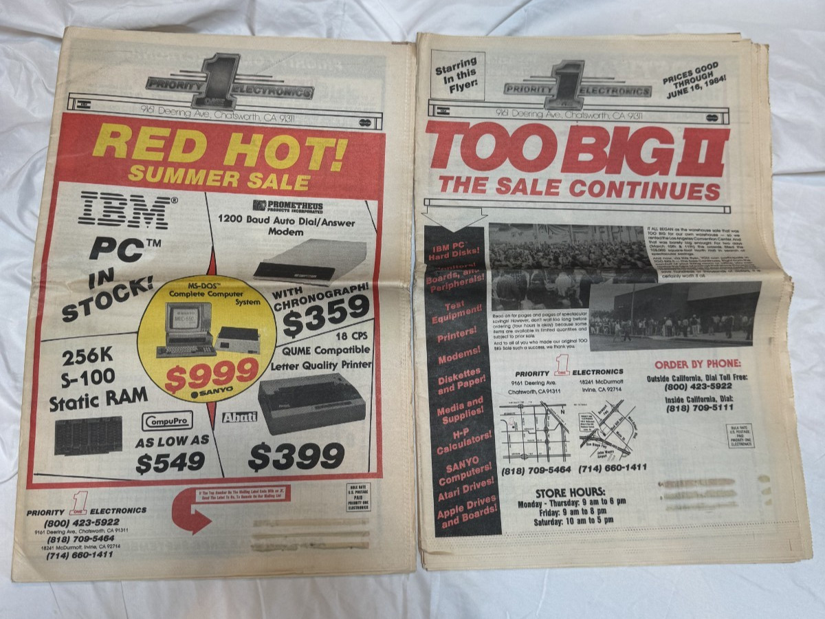 Vintage Priority 1 Electronics Flyers 1984 IBM PC Sanyo Apple Atari Lot 2