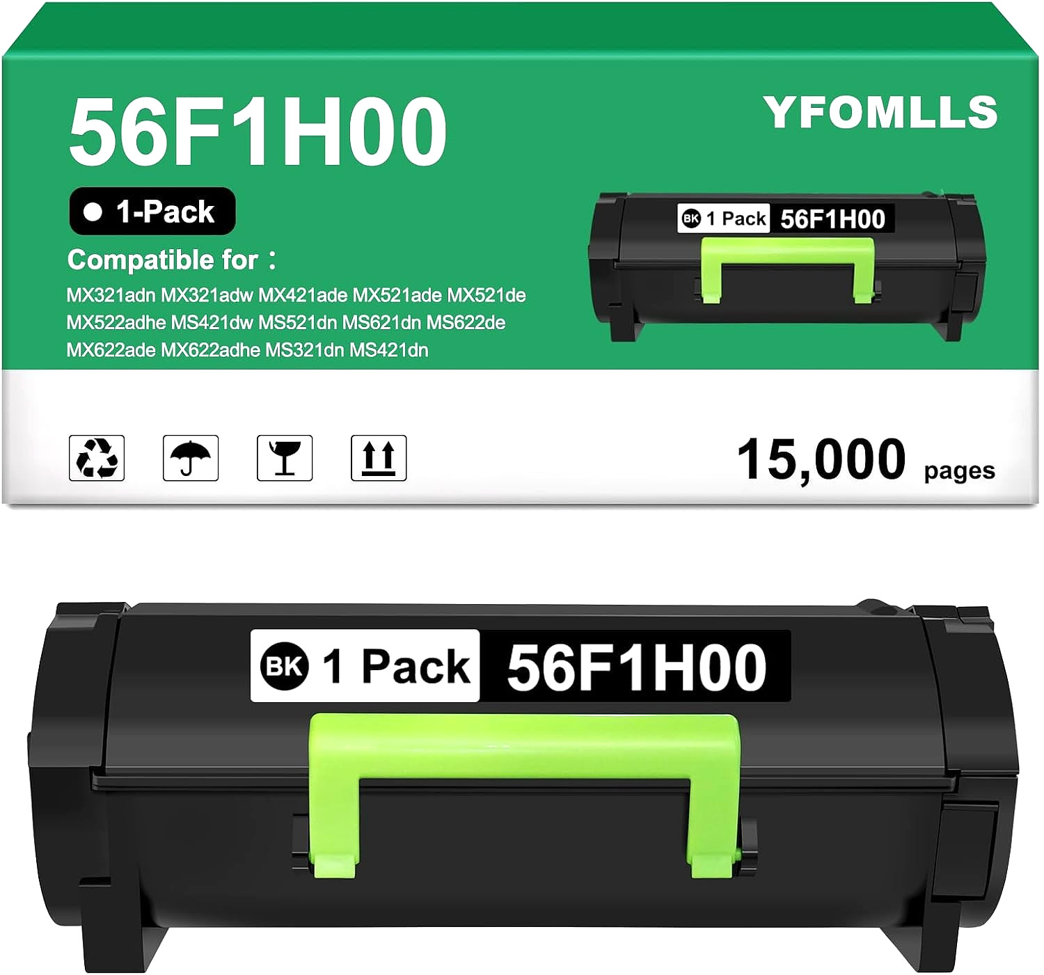56F1H00 Black Toner Cartridge 15K Pages Compatible Lexmark MS321 MS421 MX521