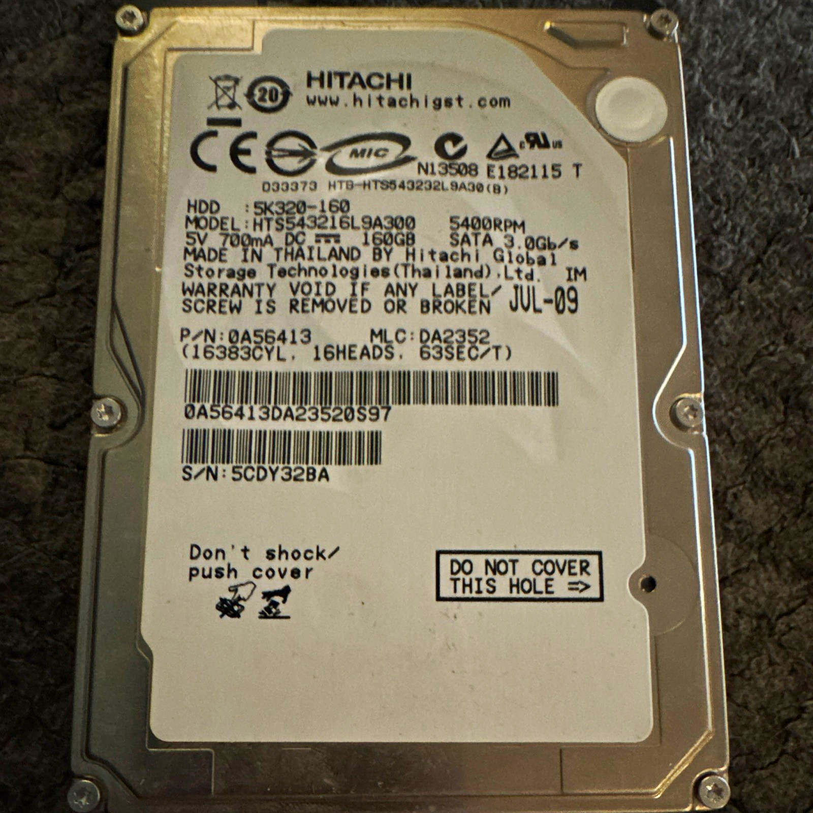 Hitachi Travelstar 160GB 2.5" SATA I 5400RPM 8MB HDD HTS543216L9A300