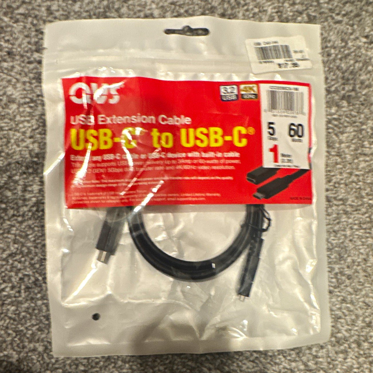 QVS USB-C to USB-C Extension Cable 1 ft Black 4K Support Universal CC220M1BK