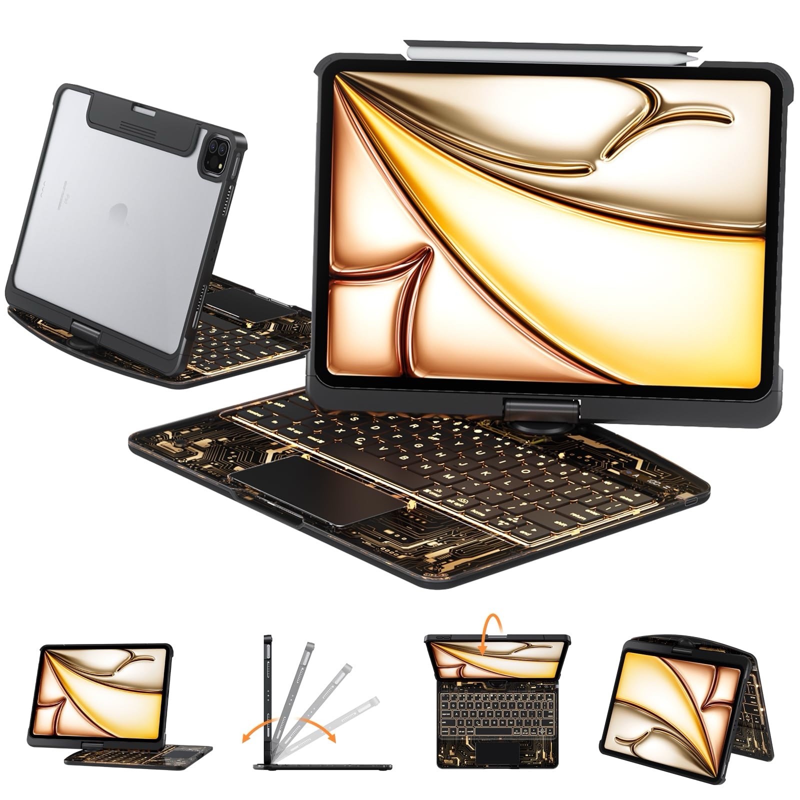 Tiaota Transparent Case Keyboard iPad Air iPad Pro 11 360 Rotating BacklitBlack