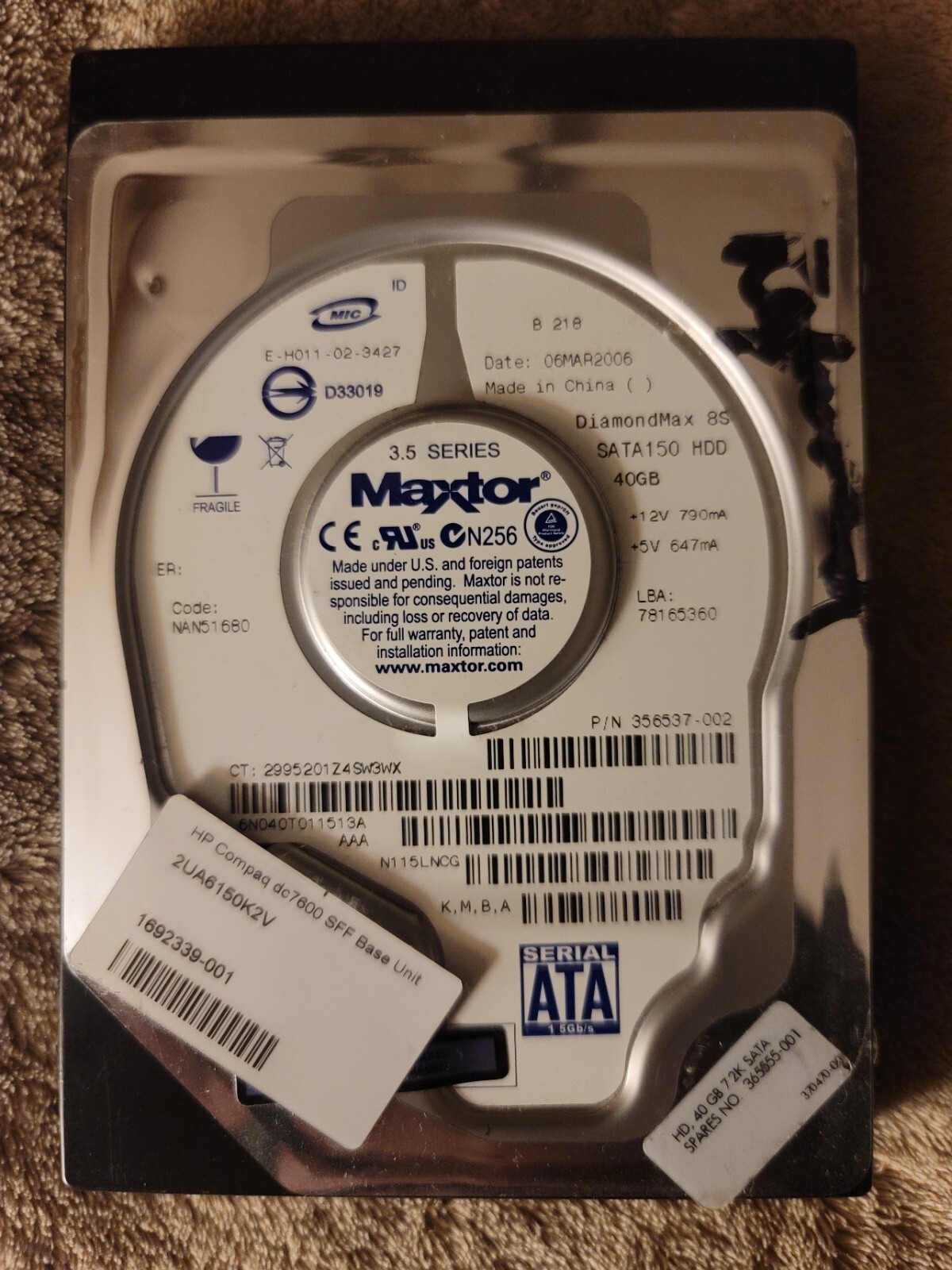 HP Compaq Maxtor DiamondMax 8S 40GB SATA150 3.5" 7.2k RPM HDD (365555-001) 