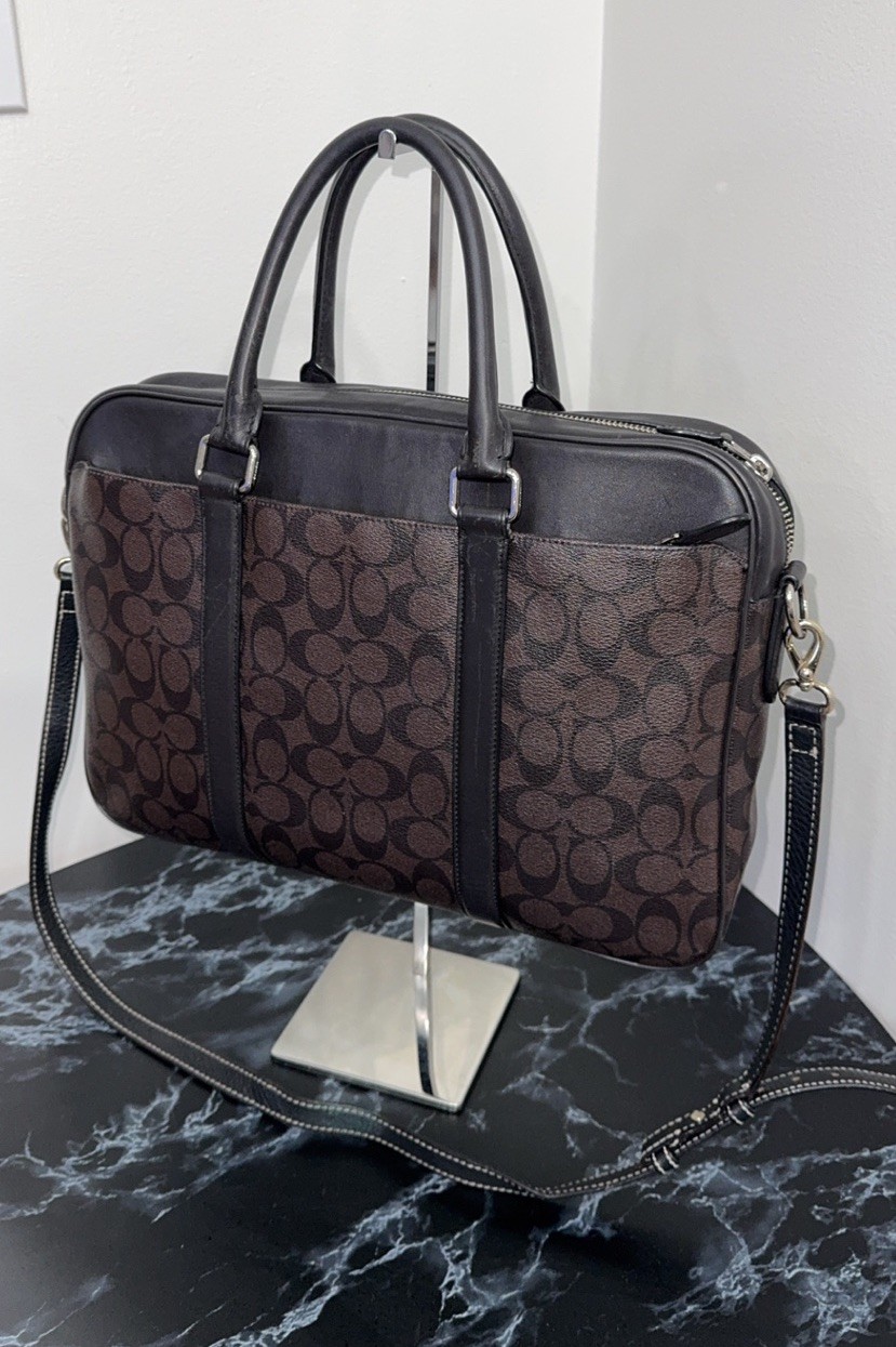 COACH Laptop iPad Bag Perry Slim Brief Case Men / Women Brown Canvas -AUTHENTIC-