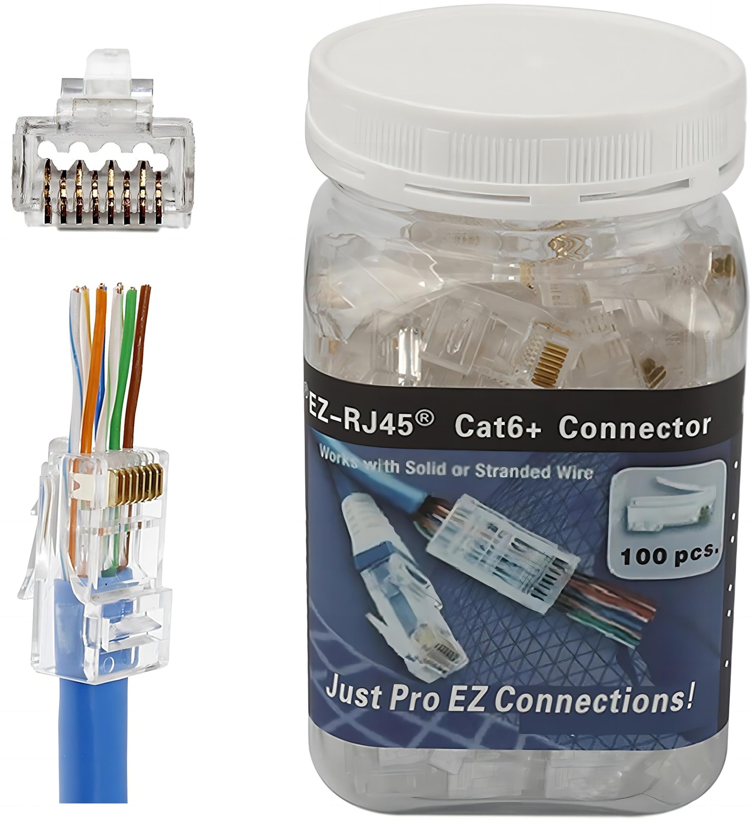 100 Pack RJ45 CAT6A CAT6 Pass Through Connectors 23AWG 8P8C Gold Plated