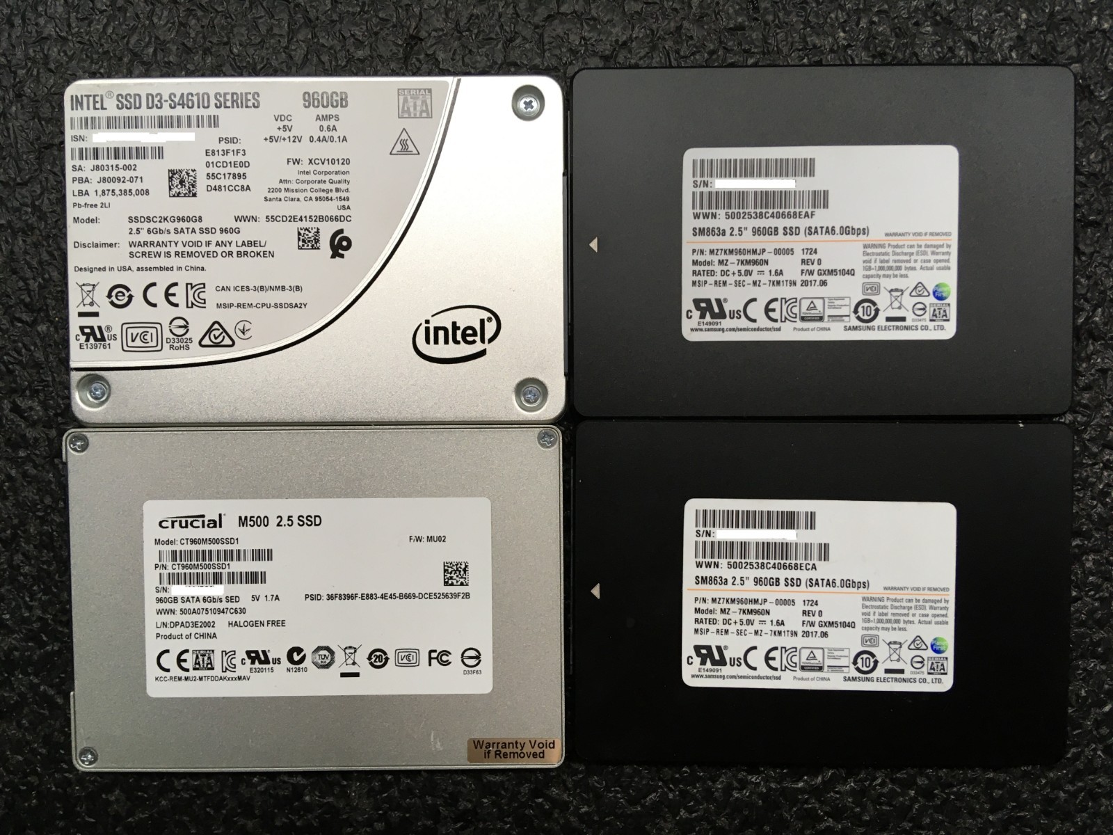 Lot of 4 960GB 2.5" SATA SSD  Mixed Brands