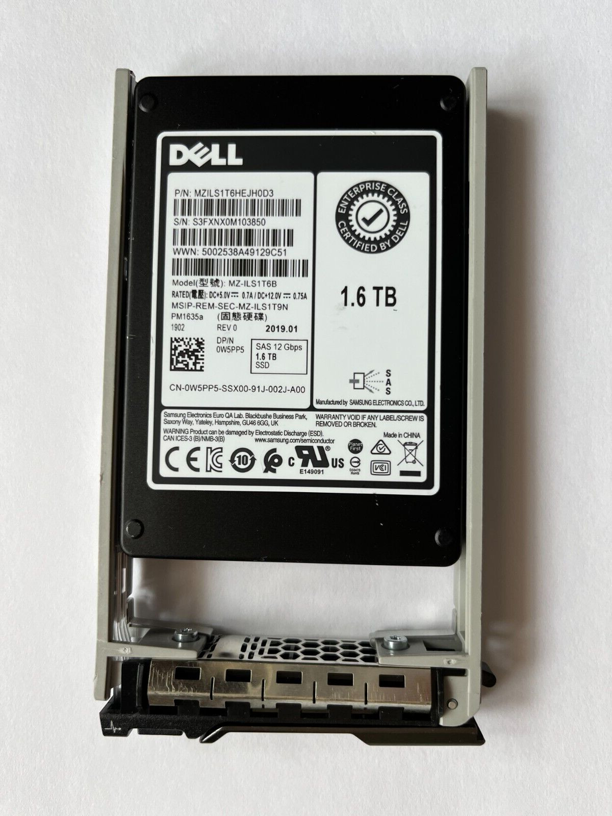 W5PP5 Dell 1.6TB 12Gbps SAS Mix Use 2.5'' SSD PM1635a 0W5PP5 Samsung MZ-ILS1T6B