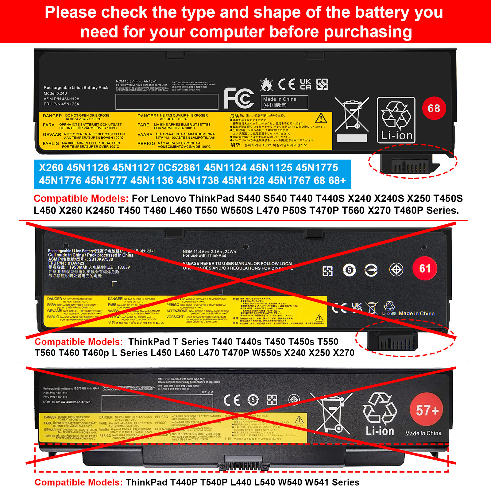 Lot 68 45N1775 Battery For Lenovo Thinkpad X240 T440 T450 T460 T470P T550 L450