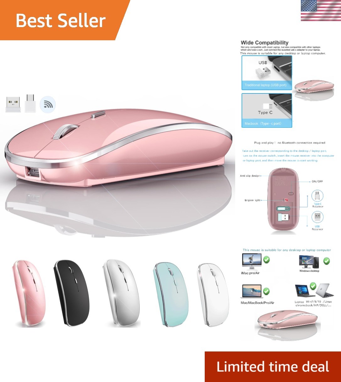 Elegant Rose Gold Wireless Mouse for Mac & PC - Rechargeable USB/USB-C Design