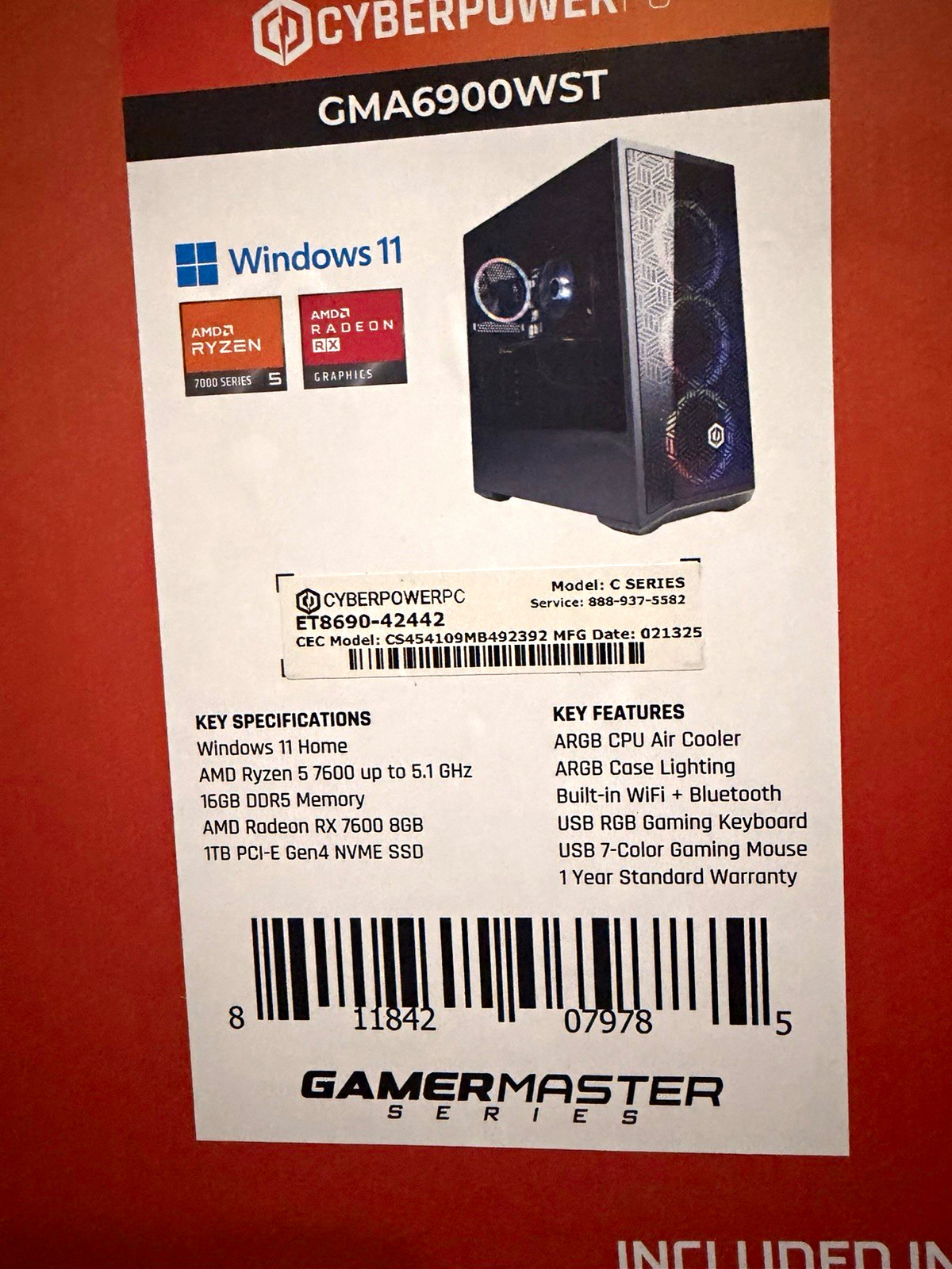 CyberPowerPC Gamer Master GMA6900WST Ryzen 5 7600 RX 7600 16GB 1TB SSD