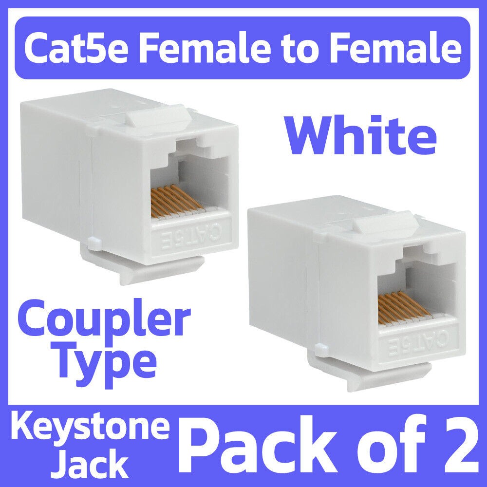 2 Pack Cat5e Keystone Jack Snap-In Ethernet Inline Coupler RJ45 8P8C Plug White