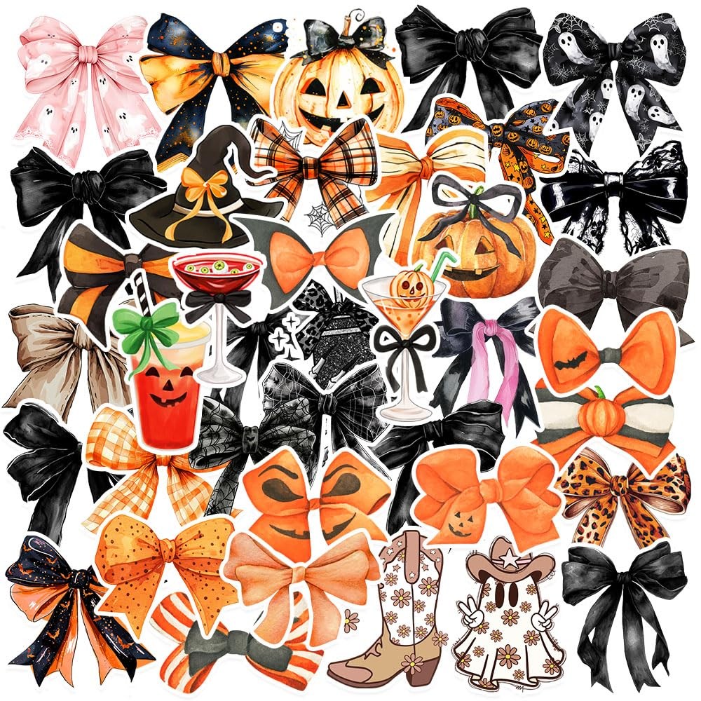 50PCS Halloween Bows Stickers,Ghost Fall Pumpkin Black Bow Stickers