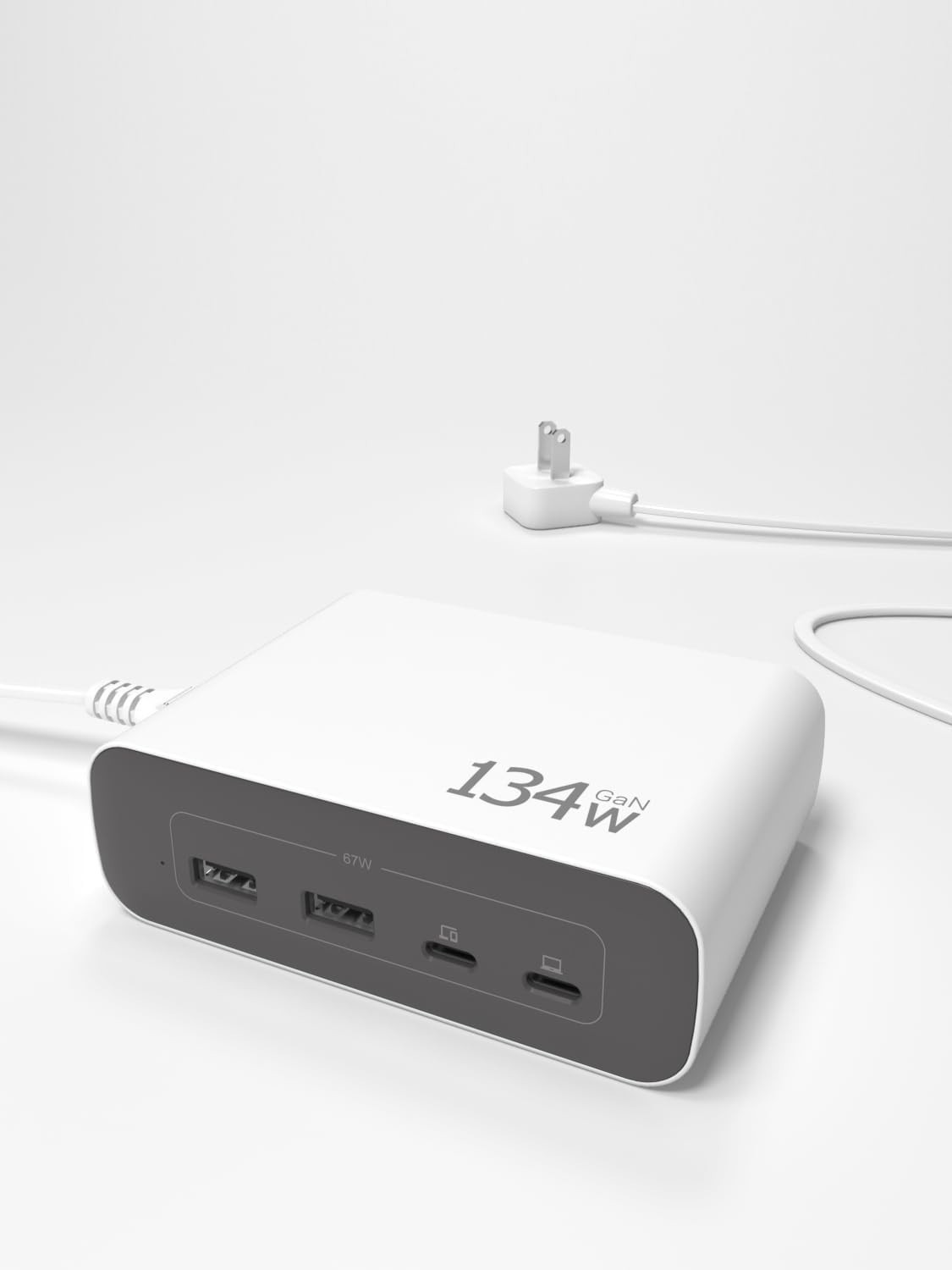 New -- 134W Fast Charging Station, Dual 67W 8-In-1 GaN Charger Block (Flat Plug)