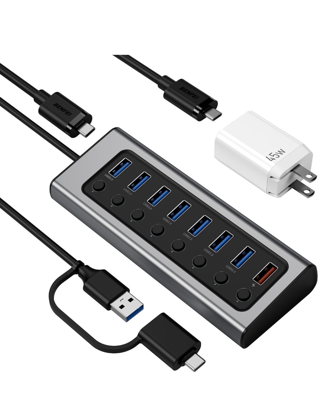 BENFEI 7-Port USB 3.0 Data Hub with BC 1.2 Charging Port, 45W GaN Super Fast ...