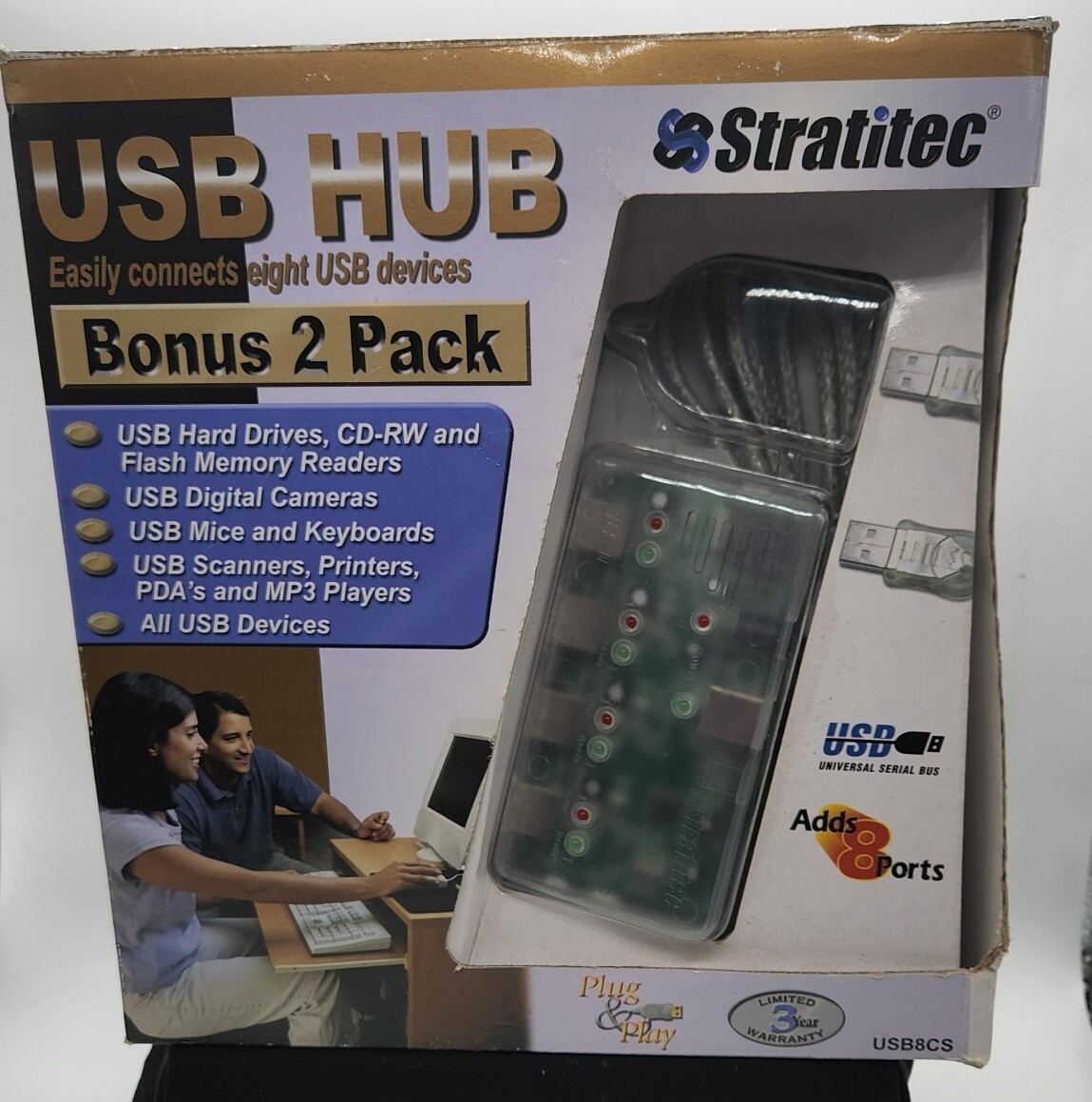 Stratitec 4 Port USB Hub Bonus 2 Pk  NIB Connect 8 USB Devices Flash Hard Drive