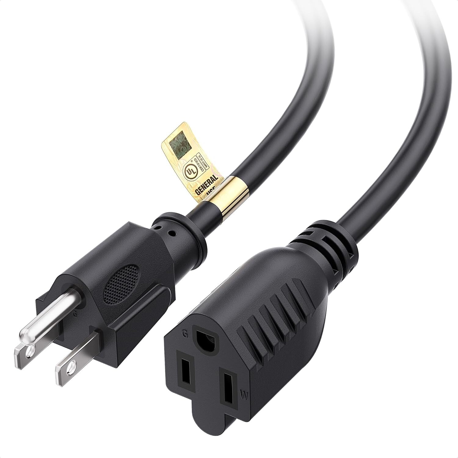 16 AWG Heavy Duty 13A Power Extension Cord 25ft Black 3 Prong NEMA 5-15P to NEMA
