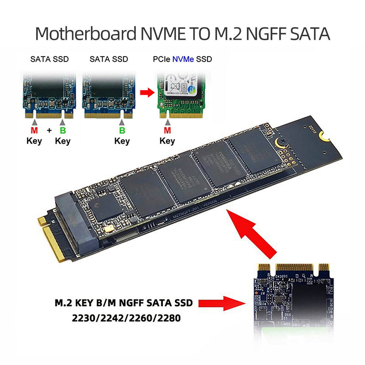 JMB582 2280 Motherboard Desktop Adapter SSD Card SATA NGFF Key to NVME M-key