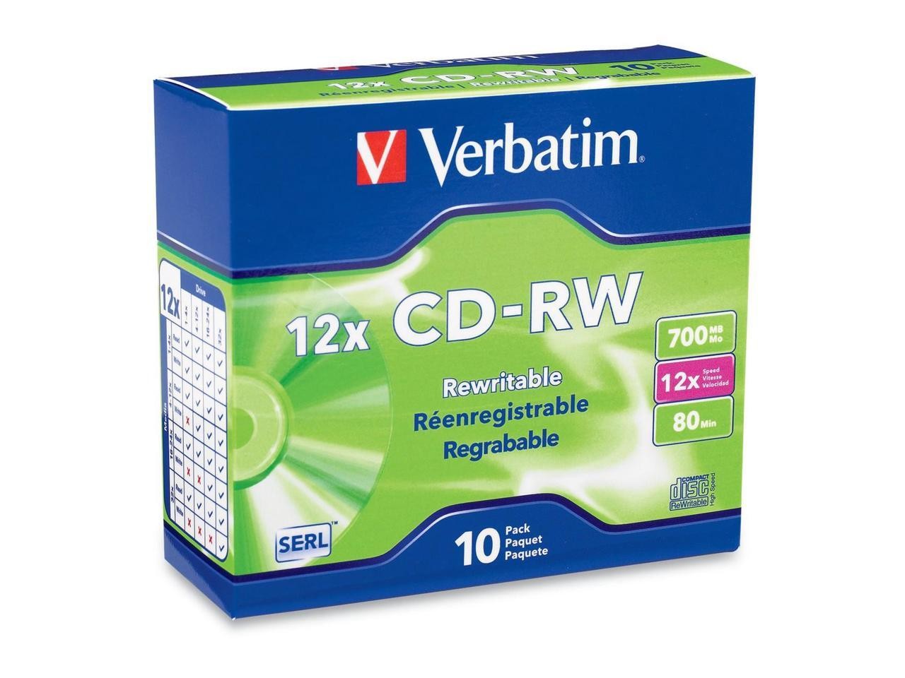 Verbatim 700MB 12X CD-RW 10 Packs Slim Jewel Case Disc Model 95156
