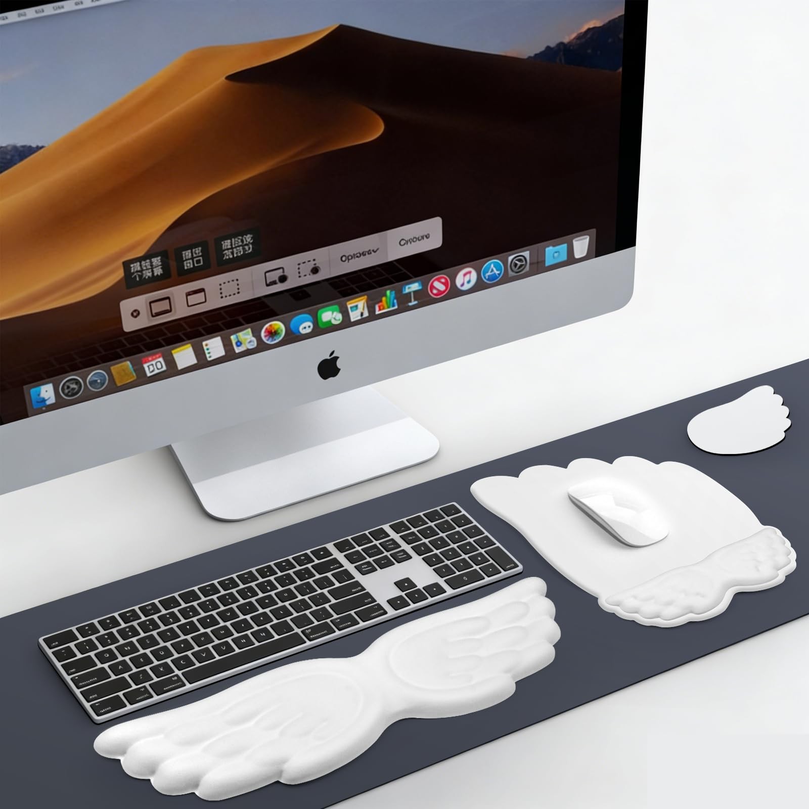 Angel Wing Wrist Rest Set Ergonomic Keyboard Mouse Memory Foam White 3 PCS