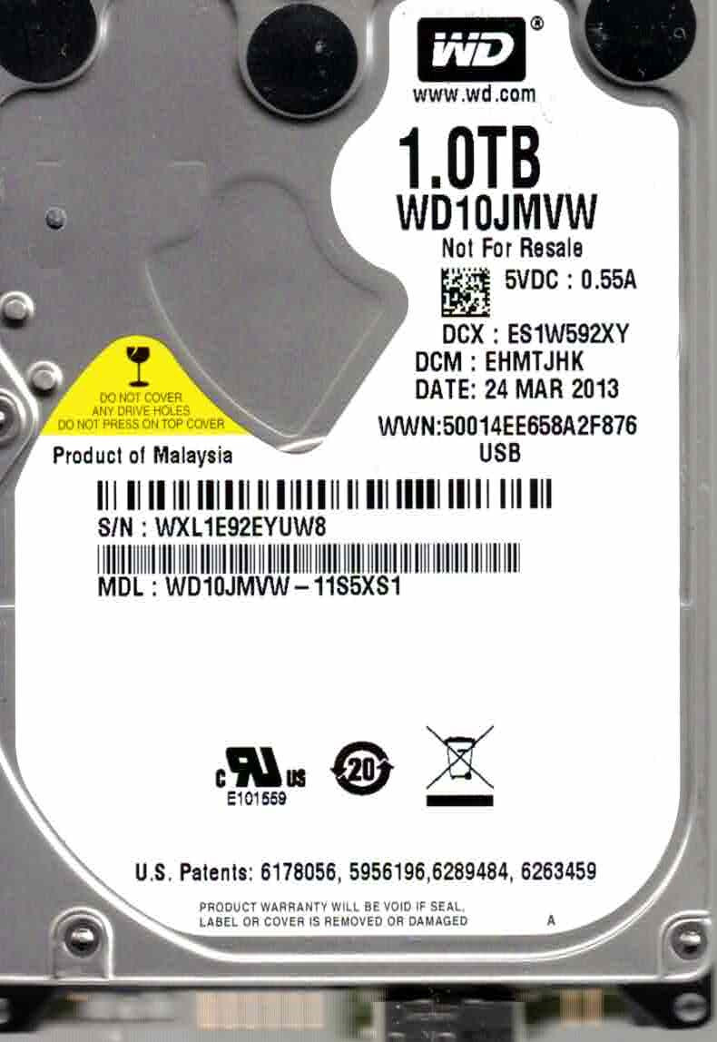 WD10JMVW-11S5XS1,  EHMTJHK  WESTERN DIGITAL USB3 1TB  WXL1  MAR 2013
