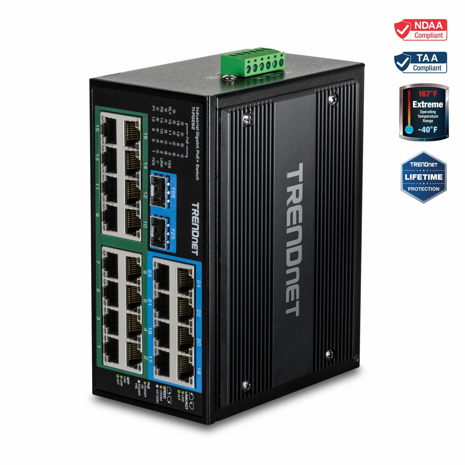 TRENDnet TI-PG262, 26-Port Hardened Industrial Gigabit PoE+ DIN-Rail Switch
