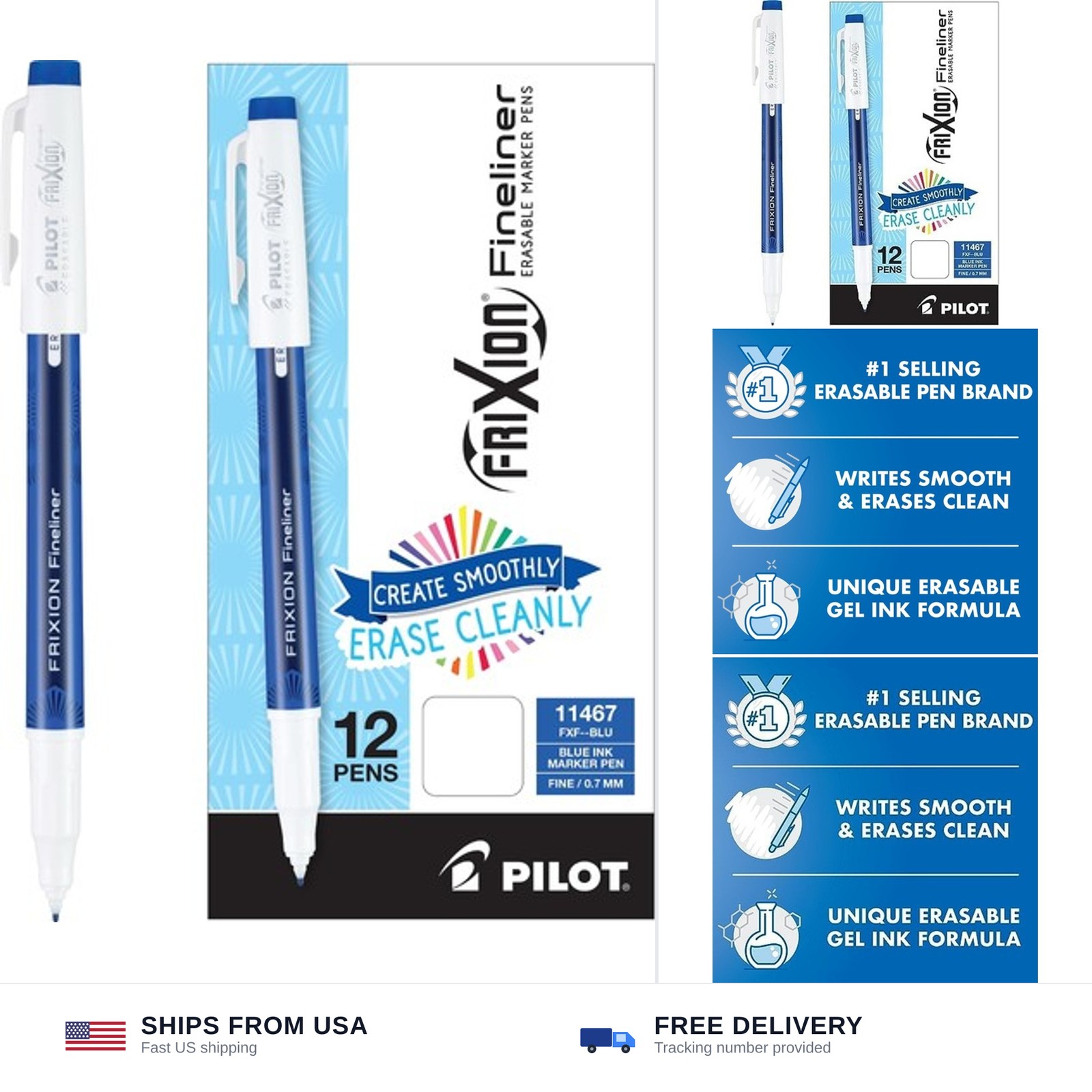 PILOT FriXion Erasable Pens, Fine Point 0.7mm, Blue Ink, 12-Pack