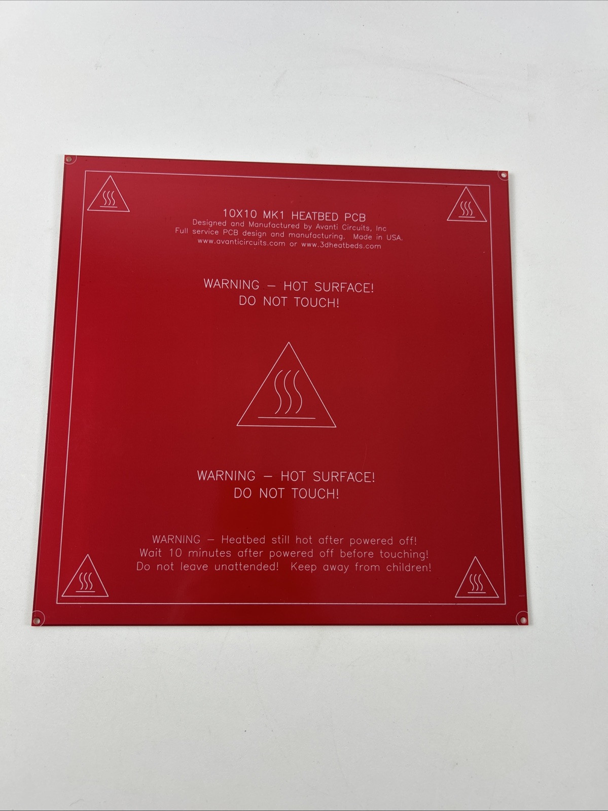 RepRap PCB MK1 Heatbed 10” X 10” - 12 Volt for 3D Printer - Made in USA