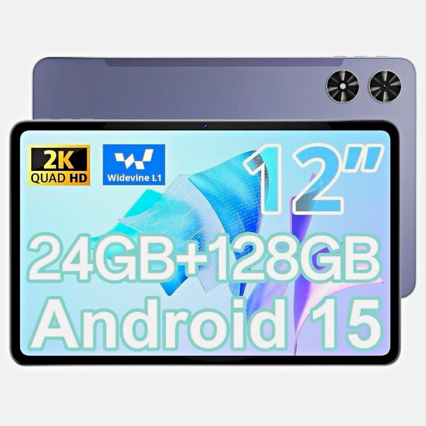 12" Tablet PC Android 15 IPS Display Gray 24GB RAM 128GB Storage