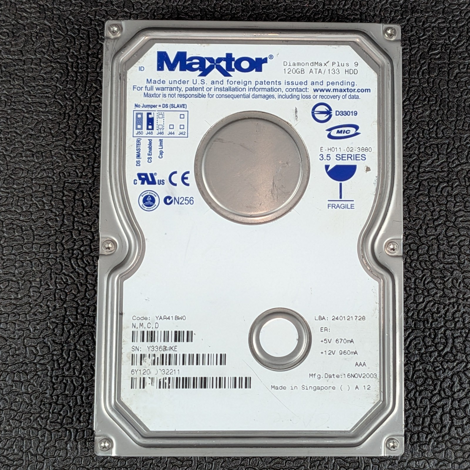 Maxtor DiamondMax Plus 9 120GB 3.5" IDE Hard Drive - 6Y120P0 - TESTED