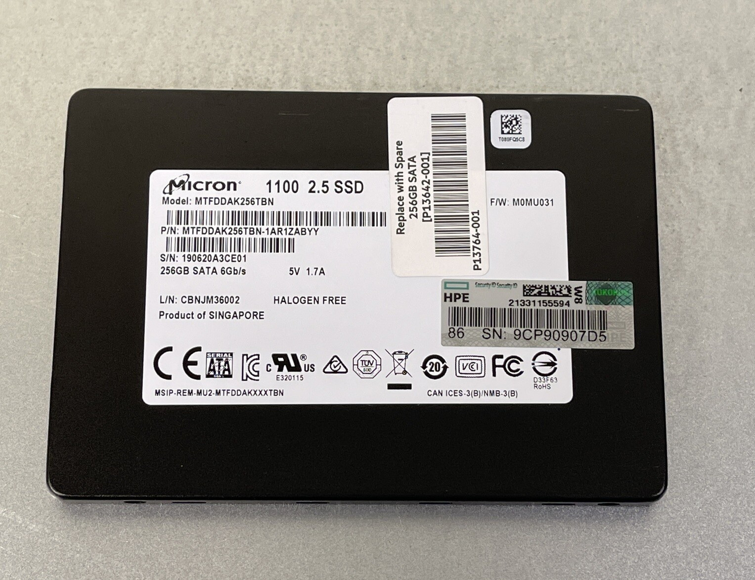 100% HPE P13642-001 Micron 1100 256GB Solid State Drive 2.5 SATA 6G SFF SSD SSD