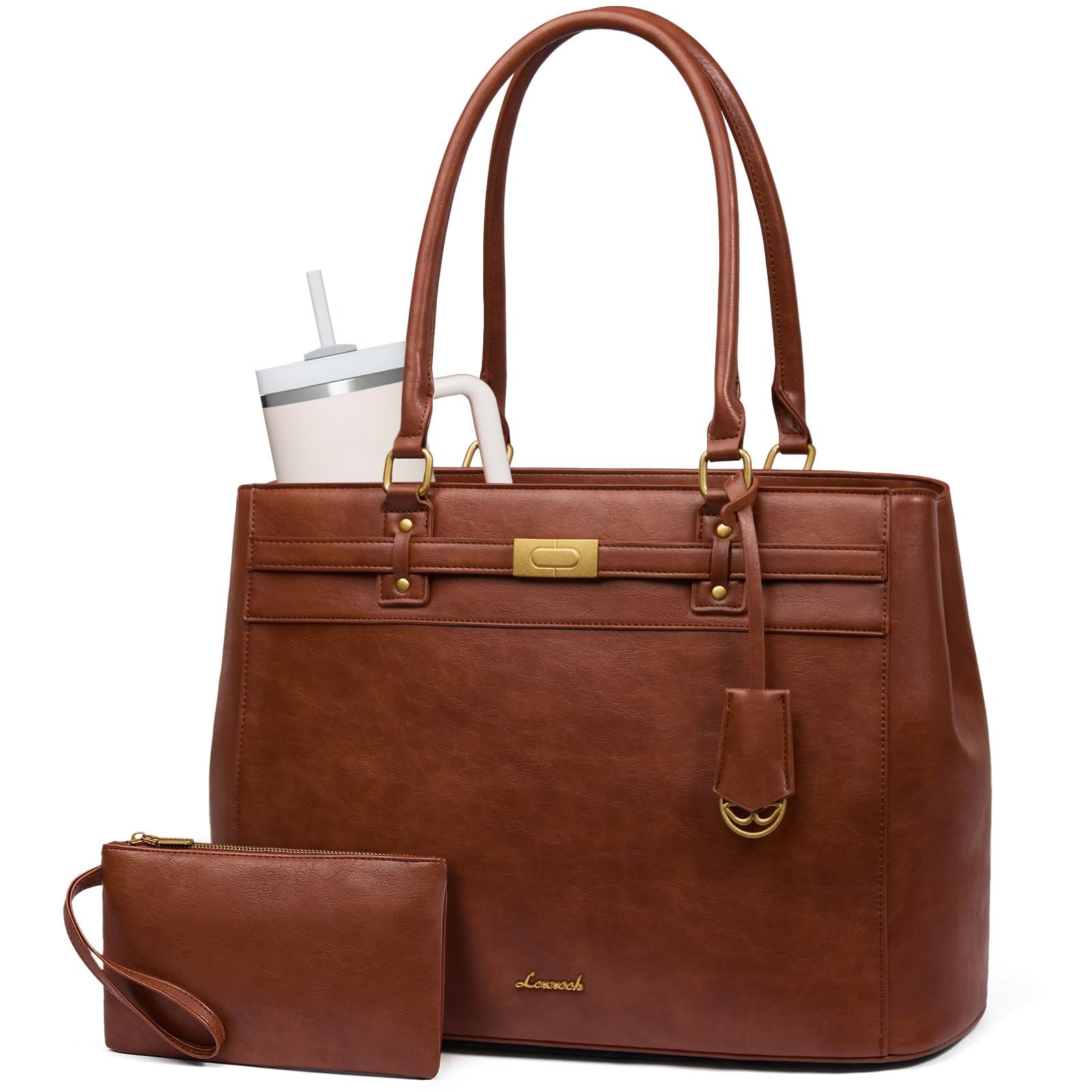 17.3" Laptop Tote Bag for Women Waterproof Leather Work Computer Bag Brown Large