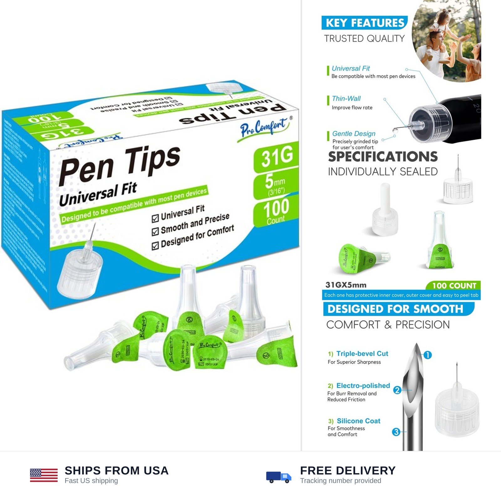 Pen tips 5mm 31G universal fit 100 count comfortable design for stylus