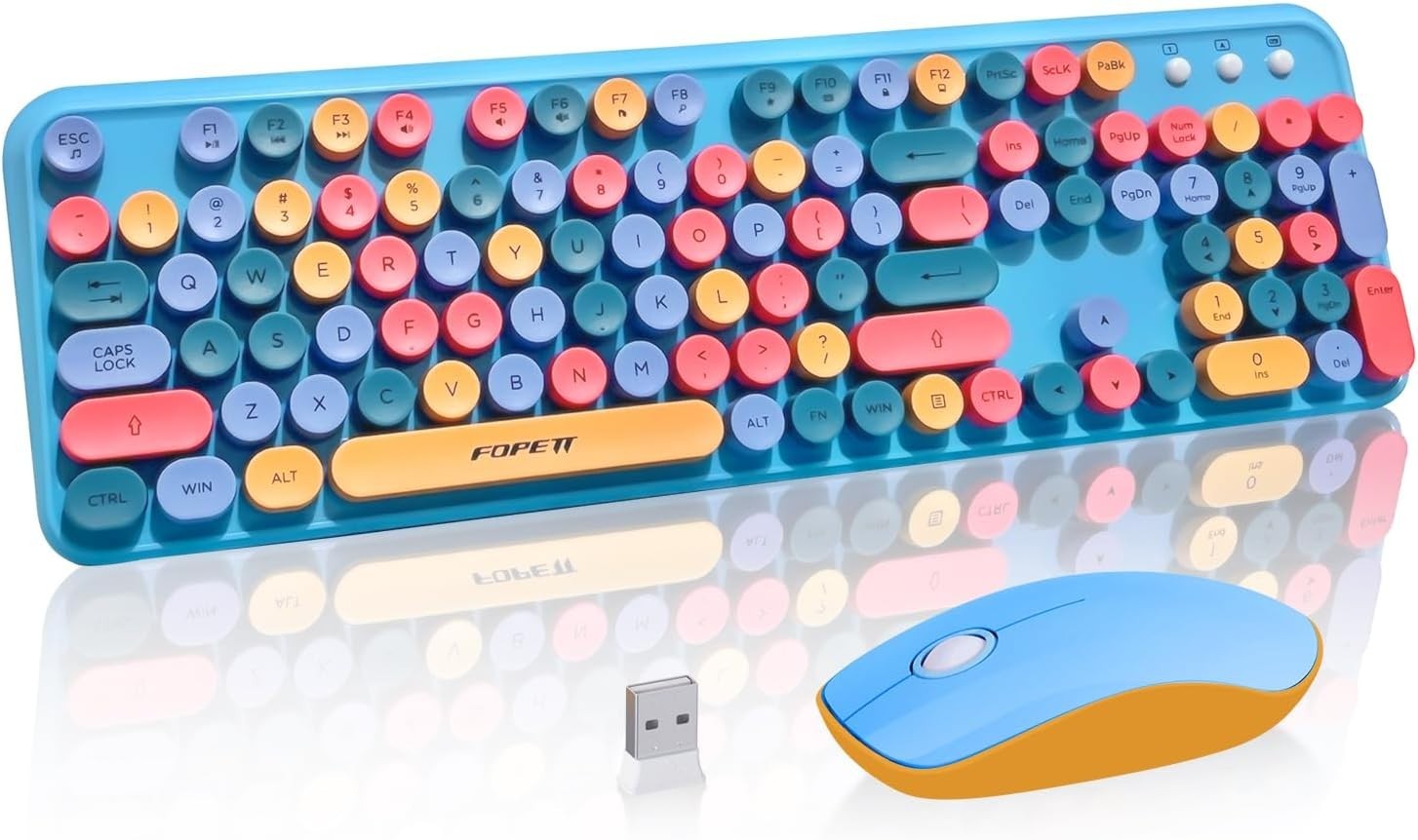 Wireless Keyboard Mouse Combo Blue Cute Round Bubble Keys Retro Typewriter Style