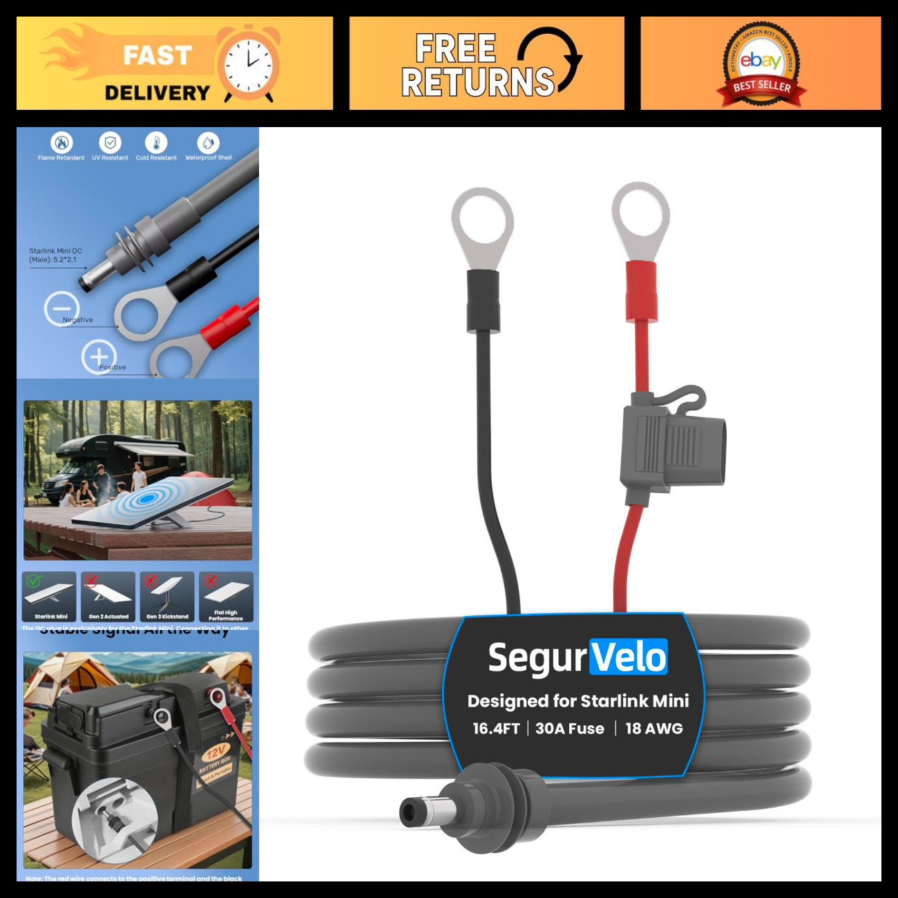 10FT Weatherproof Extension Cable for Starlink Mini - 18AWG DC Connectors, ATO F