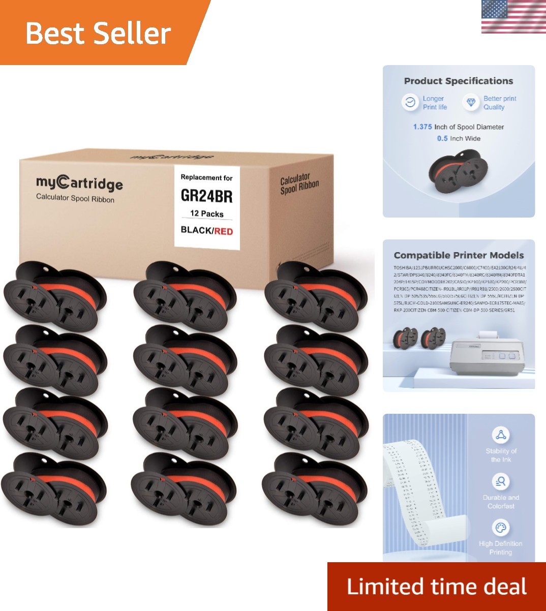 Universal Black/Red 12 Pack Calculator Ribbons - Compatible with Multiple Models